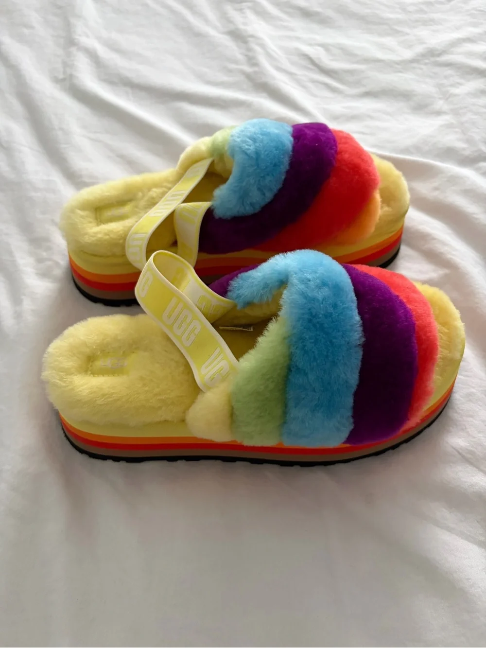 UGG Special Edition Pride Rainbow Disco Striped Platform Slippers Size 11 NEW